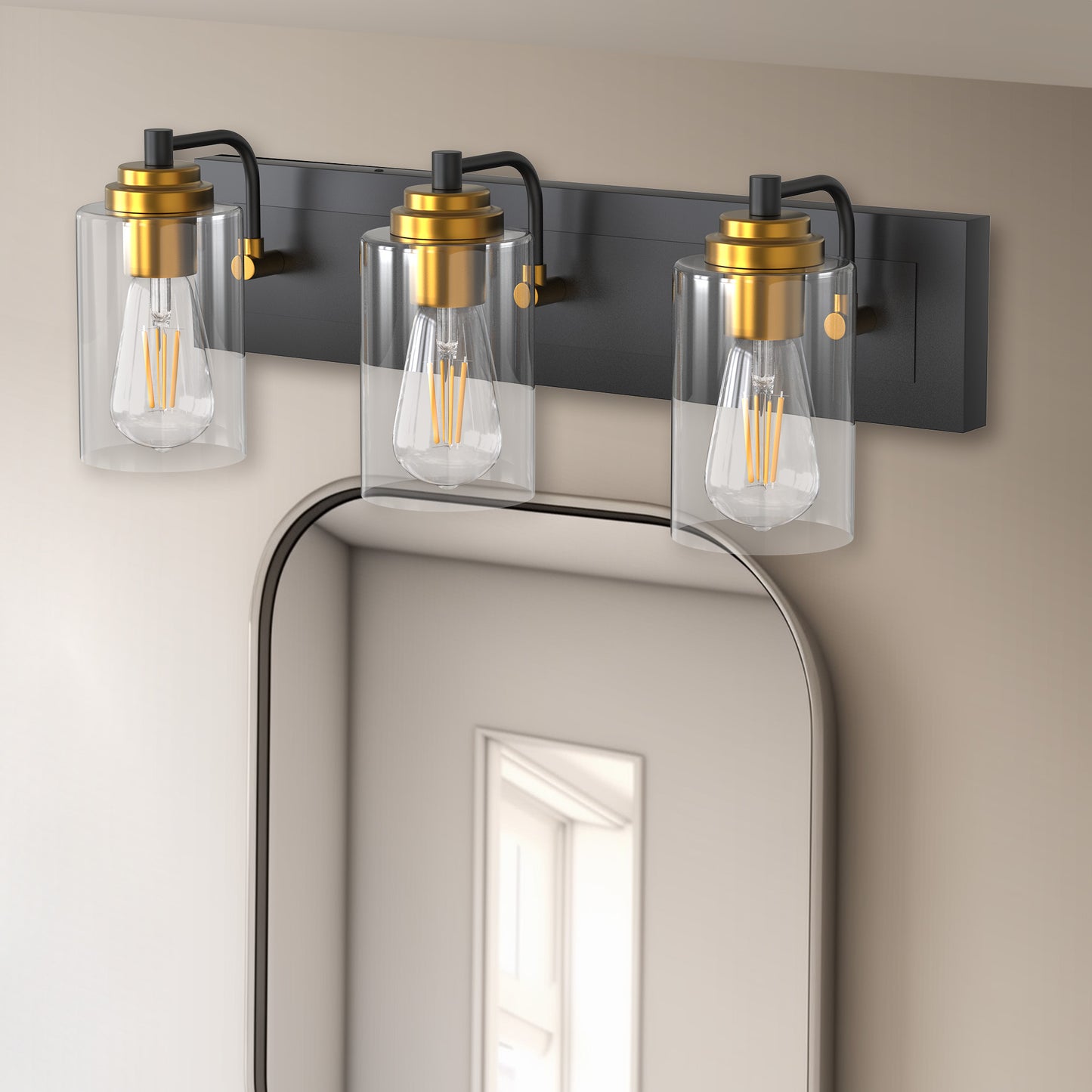 YANSUN 3-Light Matte Black Metal Vanity Light Farmhouse Industrial Wall Sconce with Clear Glass Shade Gold Socket Cups