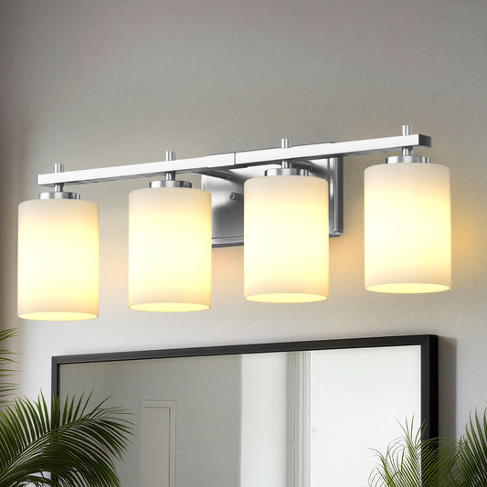 YANSUN 24 in. 4-Light Nickel Bathroom Vanity Light with Cylinder Frosted Glass Shade for Powder Room or Dressing Room