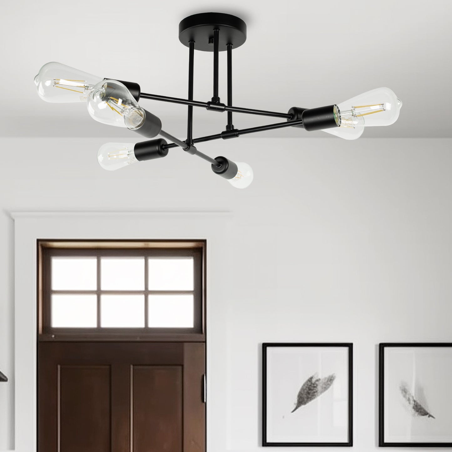 YANSUN 16 in. 6-Light Black Sputnik Modern Linear Semi Flush Mount