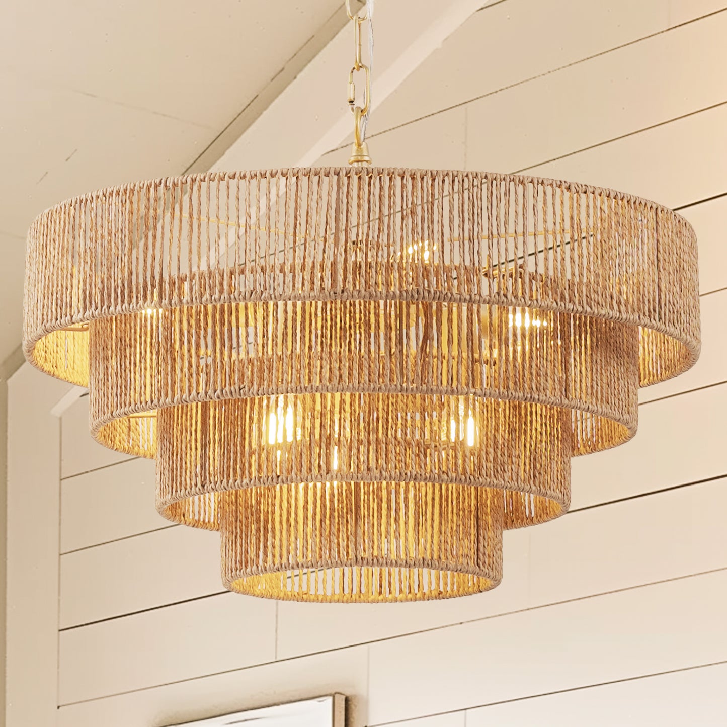 YANSUN 20in. 6-Light Hand Woven Rattan Pendant Light, Boho Brown Large Farmhouse Chandelier 4-Tier Rattan Shade for Living Room