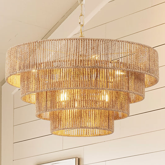 YANSUN 20in. 6-Light Hand Woven Rattan Pendant Light, Boho Brown Large Farmhouse Chandelier 4-Tier Rattan Shade for Living Room
