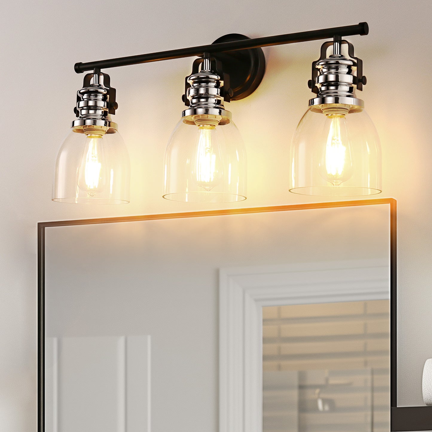 YANSUN 24 in. 3-Light Black and Nickel Vanity Light with Clear Glass Bell Shades for Bathroom and Powder Room