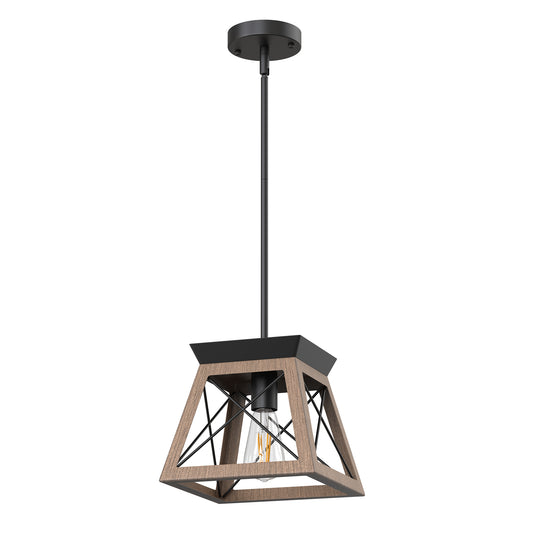 YANSUN 1-Head Pendant Light, Vintage Industrial Style, Non-Integrated Light Source, No Bulbs Included, Dark Wood Grain Finish, Iron Rod Suspension