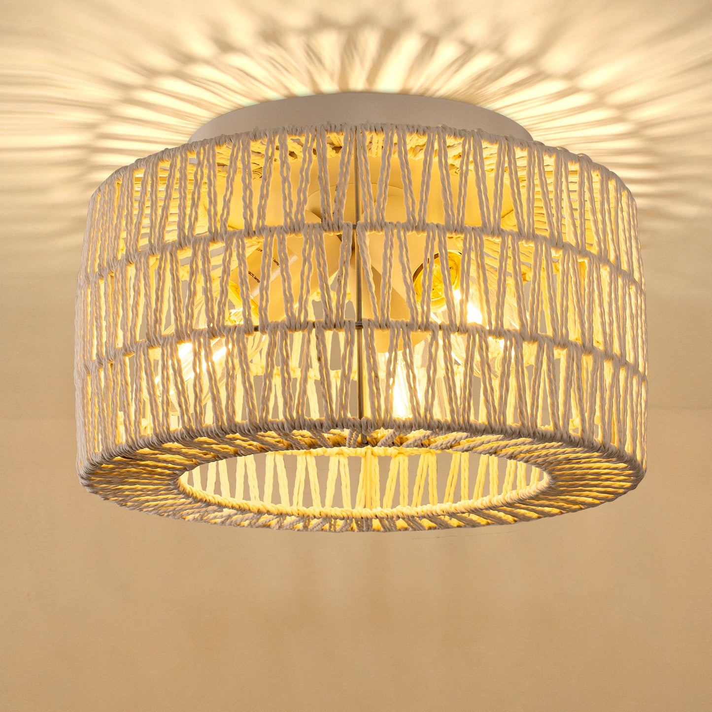 YANSUN 11.8 in. 3-Light White Rattan Flush Mount Ceiling Light for Hallway, Bedroom, or Living Room