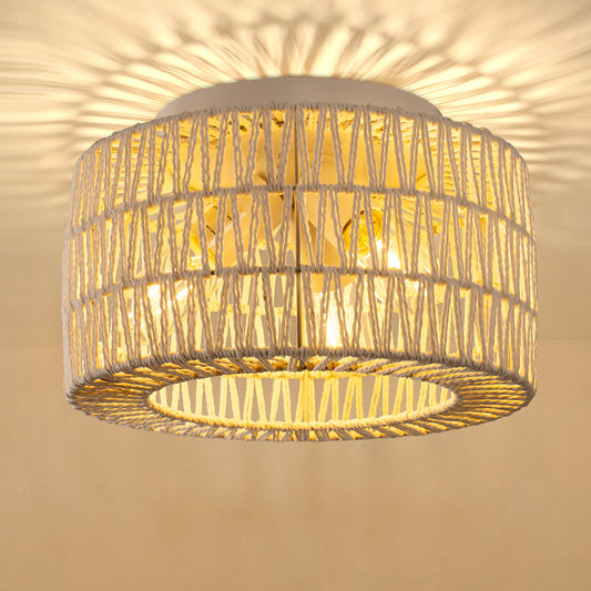 YANSUN 11.8 in. 3-Light White Rattan Flush Mount Ceiling Light for Hallway, Bedroom, or Living Room