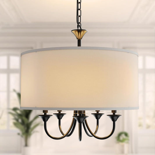 YANSUN 20 in. 5-Light Black Candle Style Empire Chandelier with Fabric Shades for Home Lighting