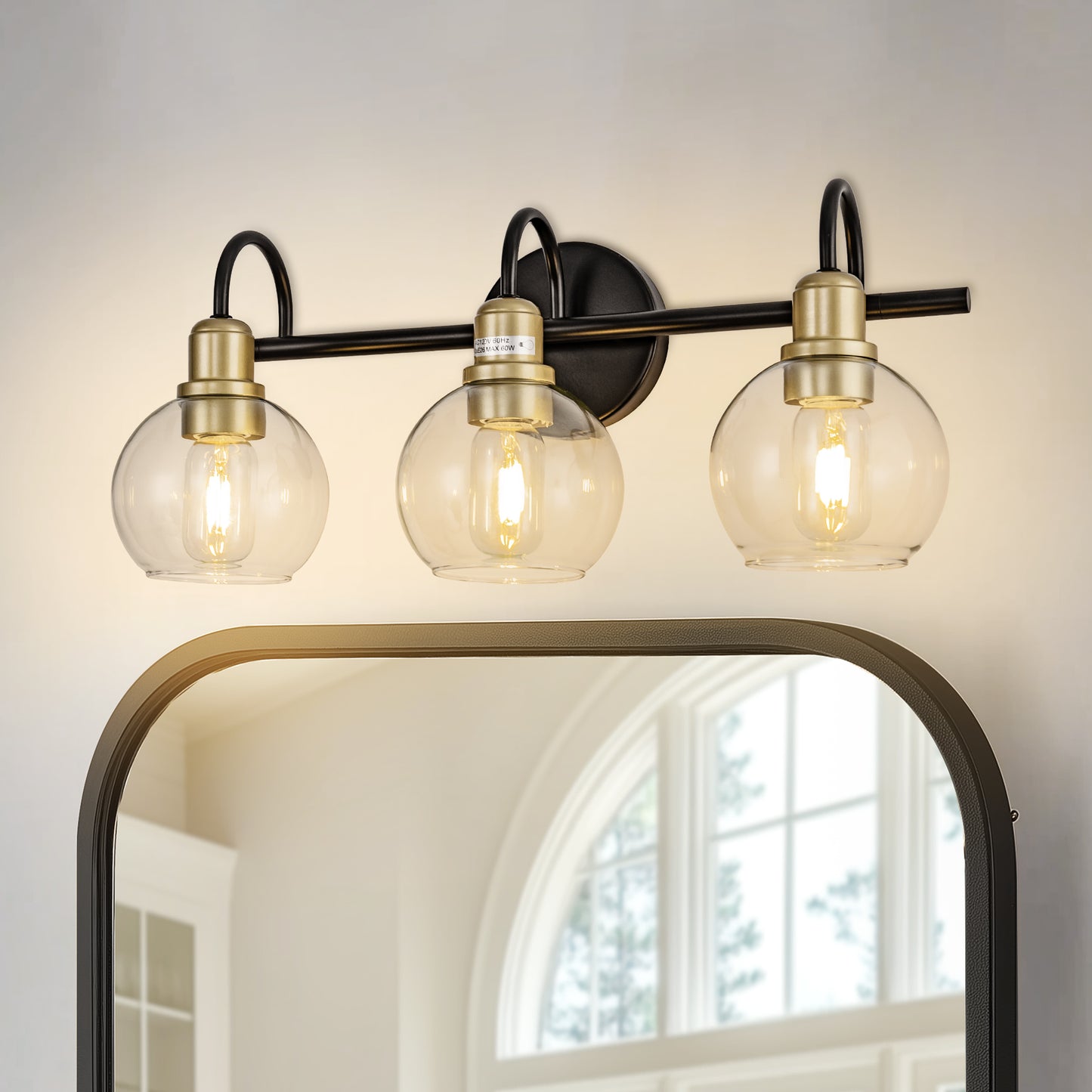 YANSUN 20 in. Industrial 3-Light Black and Gold Bathroom Vanity Light with Clear Glass Globe Shade for Bathroom or Mirror