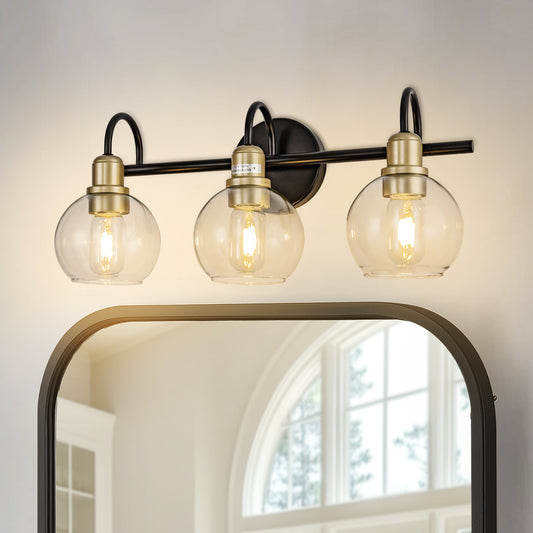 YANSUN 20 in. Industrial 3-Light Black and Gold Bathroom Vanity Light with Clear Glass Globe Shade for Bathroom or Mirror