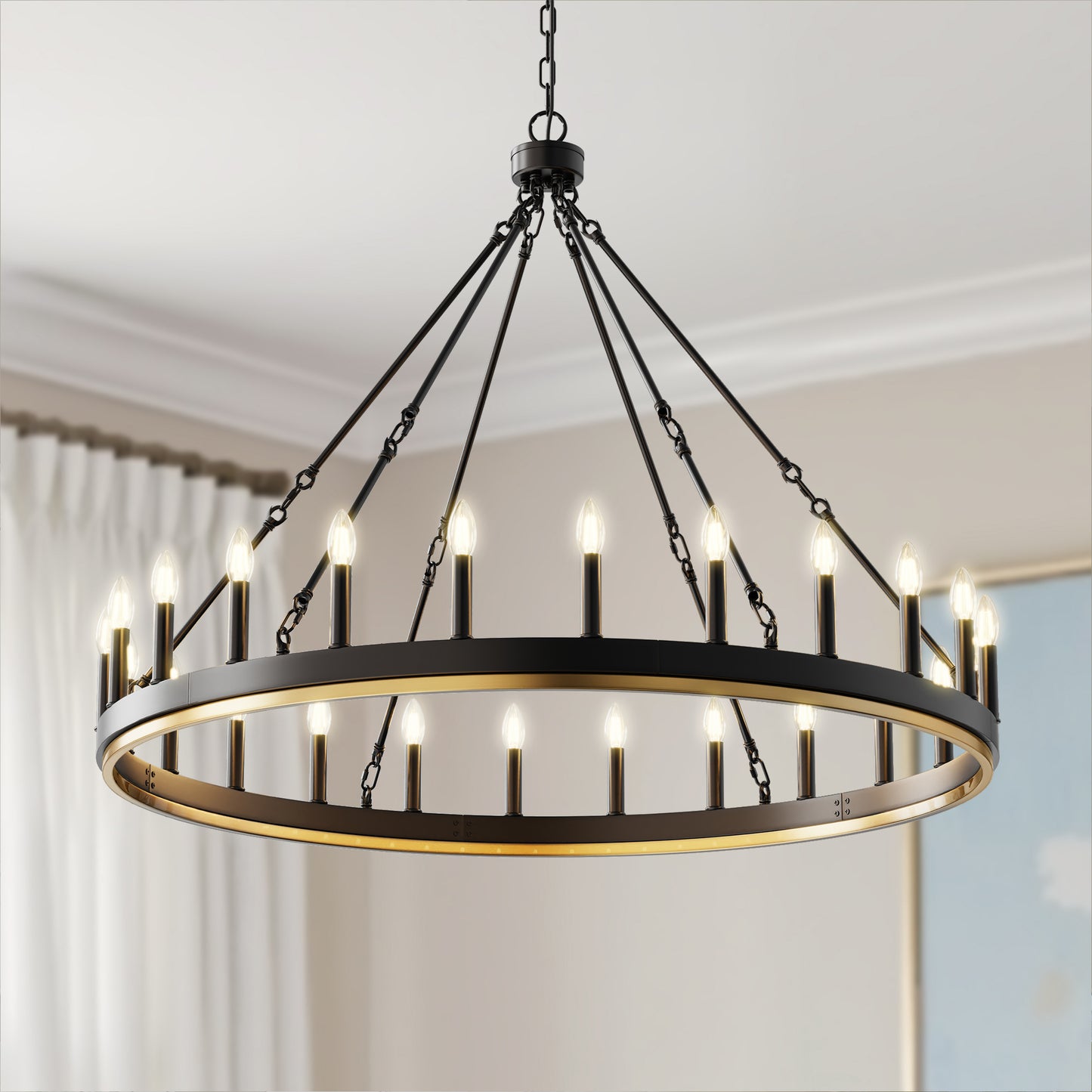 YANSUN KD Style Wagon Wheel Chandelier, 24-Head, Single Tier, Non-Integrated Light Source, No Bulbs Included, Black and Gold Finish, E12 Base