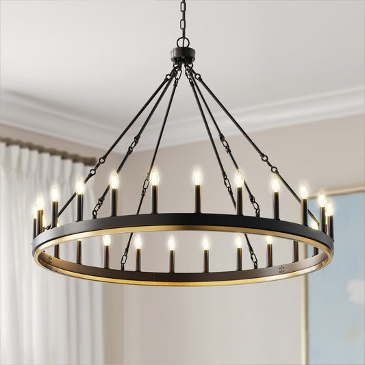 YANSUN KD Style Wagon Wheel Chandelier, 24-Head, Single Tier, Non-Integrated Light Source, No Bulbs Included, Black and Gold Finish, E12 Base