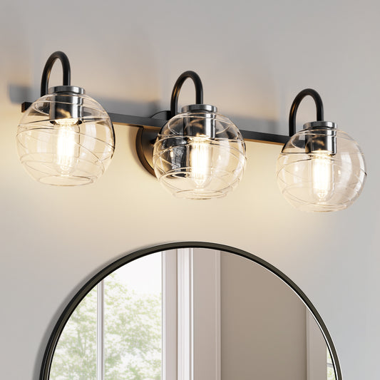 YANSUN 25 in. 3-Light Black Vanity Light with Globe Clear Glass Shades for Bathroom, Mirror, Bedroom