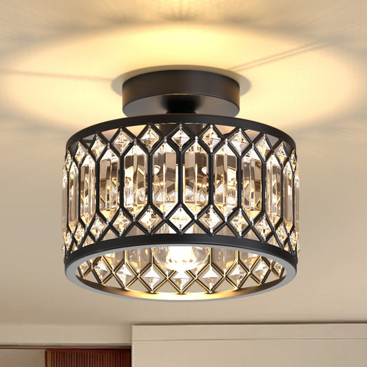 YANSUN 1-Head Semi-Flush Mount Light with Matte Black Drum Shade and Triangular Crystal Strips, E26 Socket, Non-Integrated Light Source