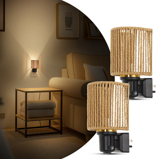 YANSUN 1-Watt Integrated LED Plug-In Night Light, Amber 2700K, Boho Rope Shade, Slide Adjustable, Dusk to Dawn, 2-Pack