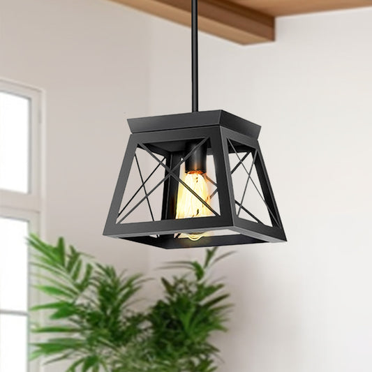 YANSUN 1-Light Matte Black Pendant with Geometric Metal Cage