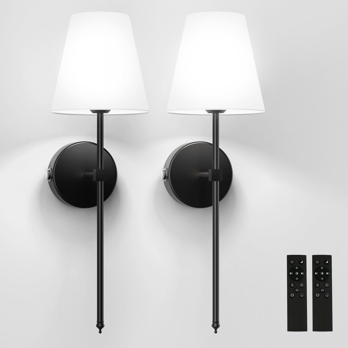 YANSUN 8 in. 1-Light Black Wall Sconce, Rechargeable Wall Sconce with Detachable Bulbs and Fabric Shade for Living Room(2-Pack¡ê?