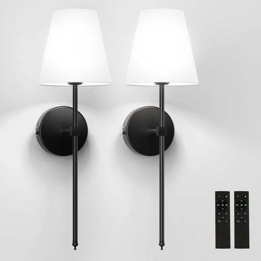 YANSUN 8 in. 1-Light Black Wall Sconce, Rechargeable Wall Sconce with Detachable Bulbs and Fabric Shade for Living Room(2-Pack¡ê?