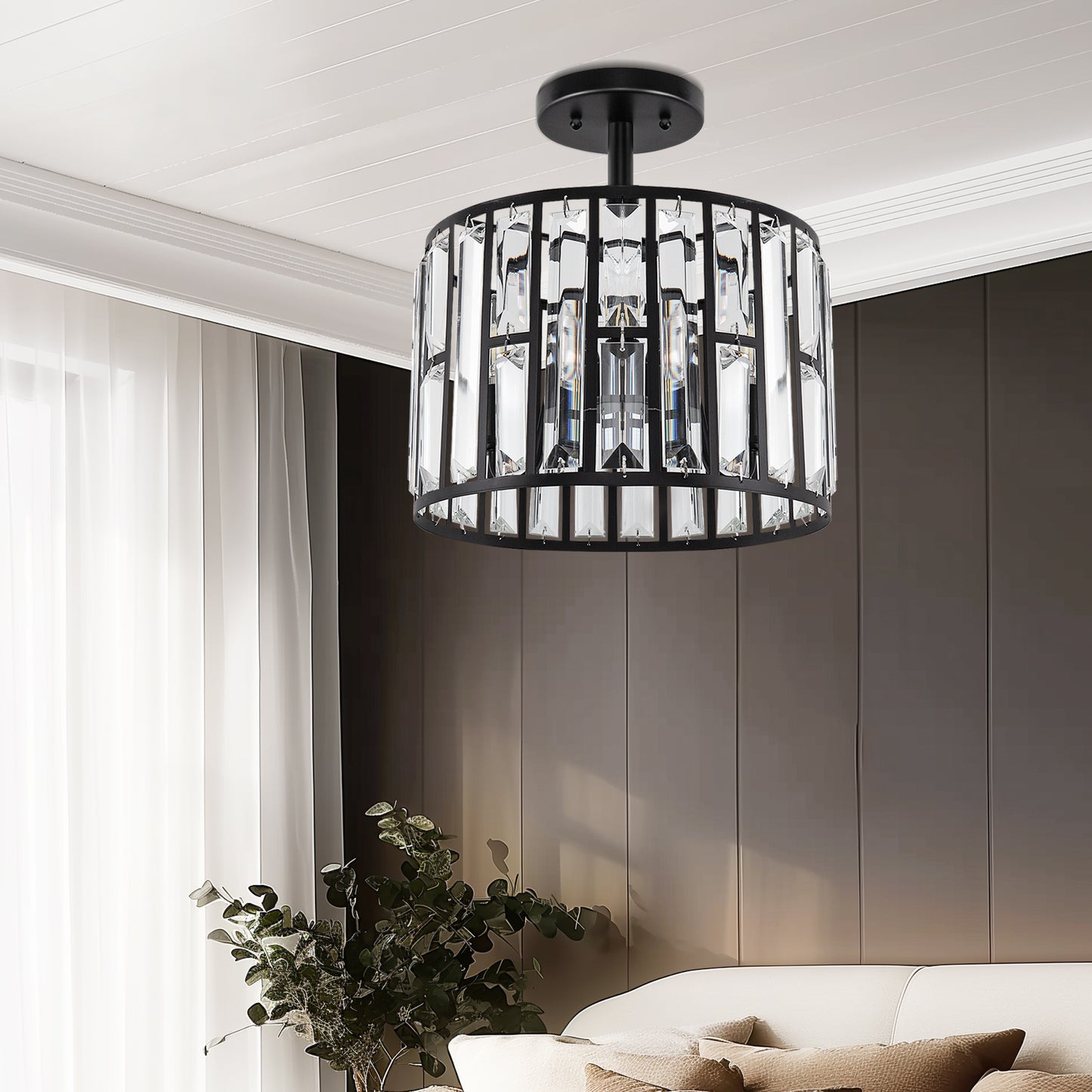 YANSUN 12.4 in. 3-Light Matte Black Semi-Flush Mount Ceiling Light with Crystal Details, E12 Base, for Living room, Bedroom