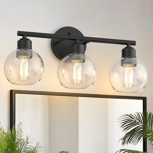 YANSUN 18 in.  3-Light Bathroom Vanity Light Fixtures Over Mirror, Black Bathroom Light Fixtures with Clear Globe Glass Shades
