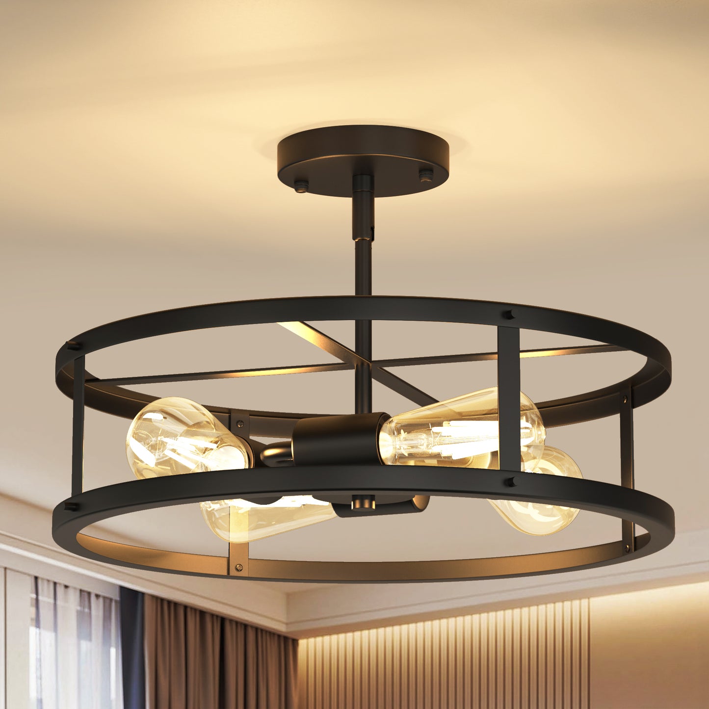 YANSUN 4-Head American Style Flush Mount Ceiling Light, Non-Integrated Light Source, No Bulbs Included, Black Finish, E26 Base