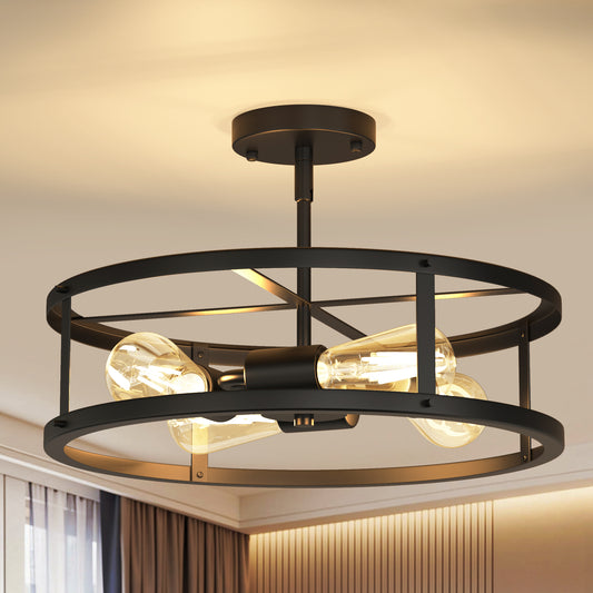 YANSUN 4-Head American Style Flush Mount Ceiling Light, Non-Integrated Light Source, No Bulbs Included, Black Finish, E26 Base