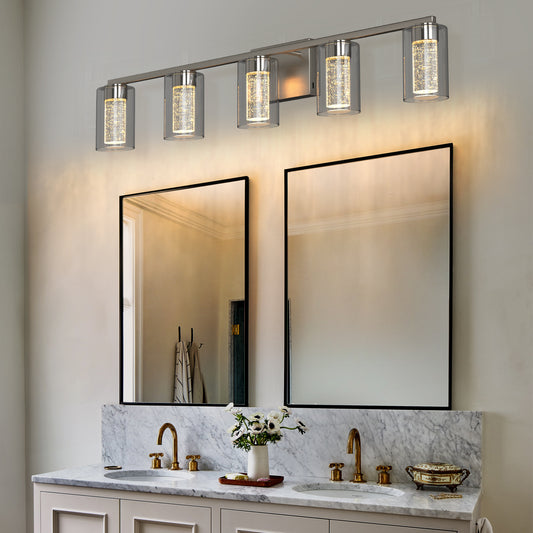 YANSUN 33 in. 35-Watt 5-Light Brushed Nickel Crystal LED Integrated Vanity Light for Bathroom, 3000/4000/6000K Adjustable