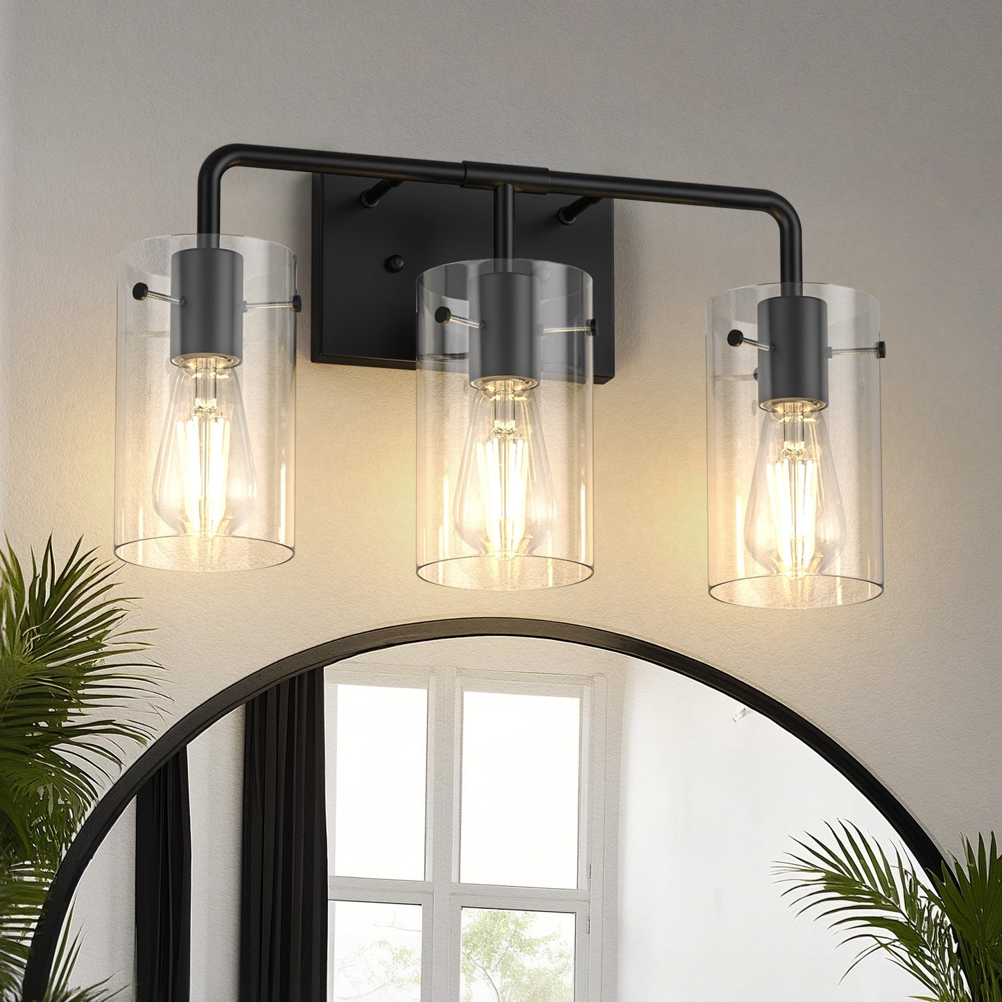 YANSUN 18 in.  3-Light Black Metal Vanity Light with Clear Glass Shade Bathroom Fixture for Modern Farmhouse Style Spaces