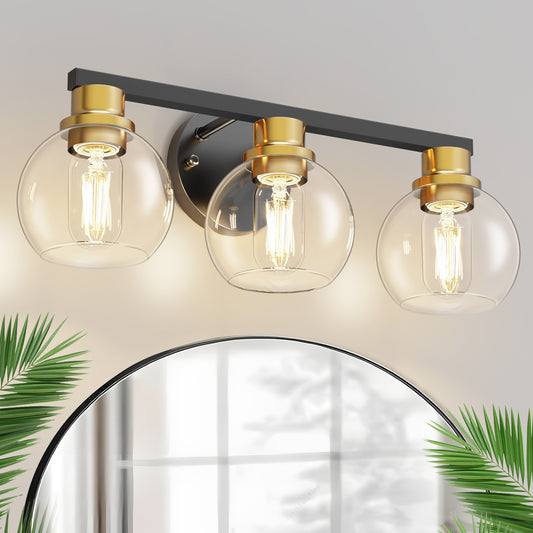 YANSUN 19 in. Black and Gold 3-Light Bathroom Vanity Light, LED Powder Room Lighting with Clear Globe Shades for Dressers