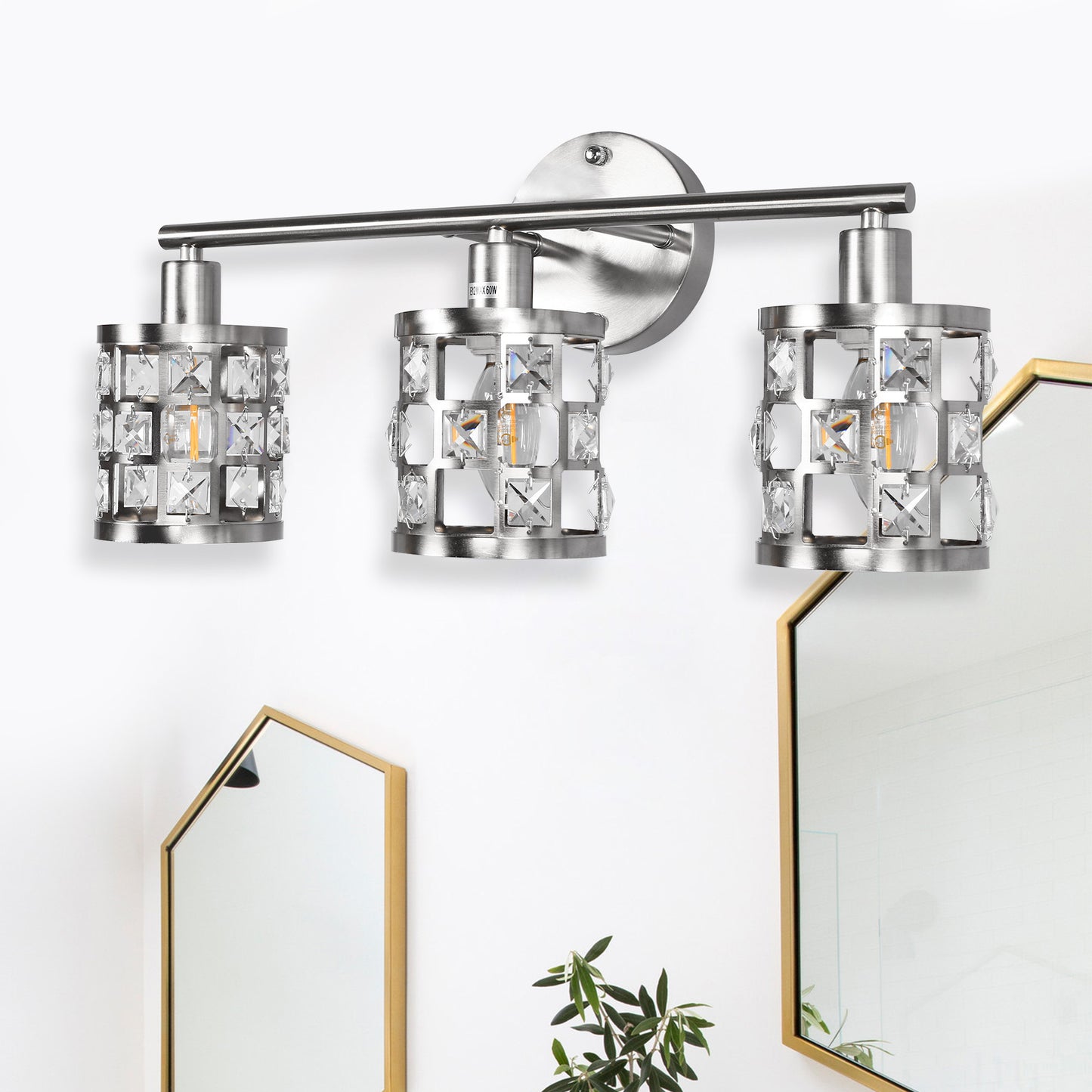 YANSUN 19.88 in. 3-Light Brushed Nickel Modern Industrial Bathroom Vanity Light Over Mirror with Crystal Shade