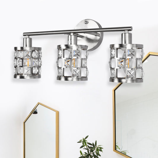 YANSUN 19.88 in. 3-Light Brushed Nickel Modern Industrial Bathroom Vanity Light Over Mirror with Crystal Shade