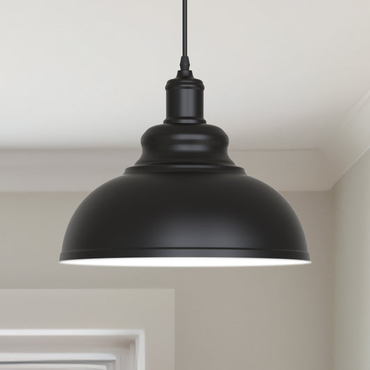 YANSUN 11.81 in. 1-Light Black Dome Pendant Lighting with Metal Shaded