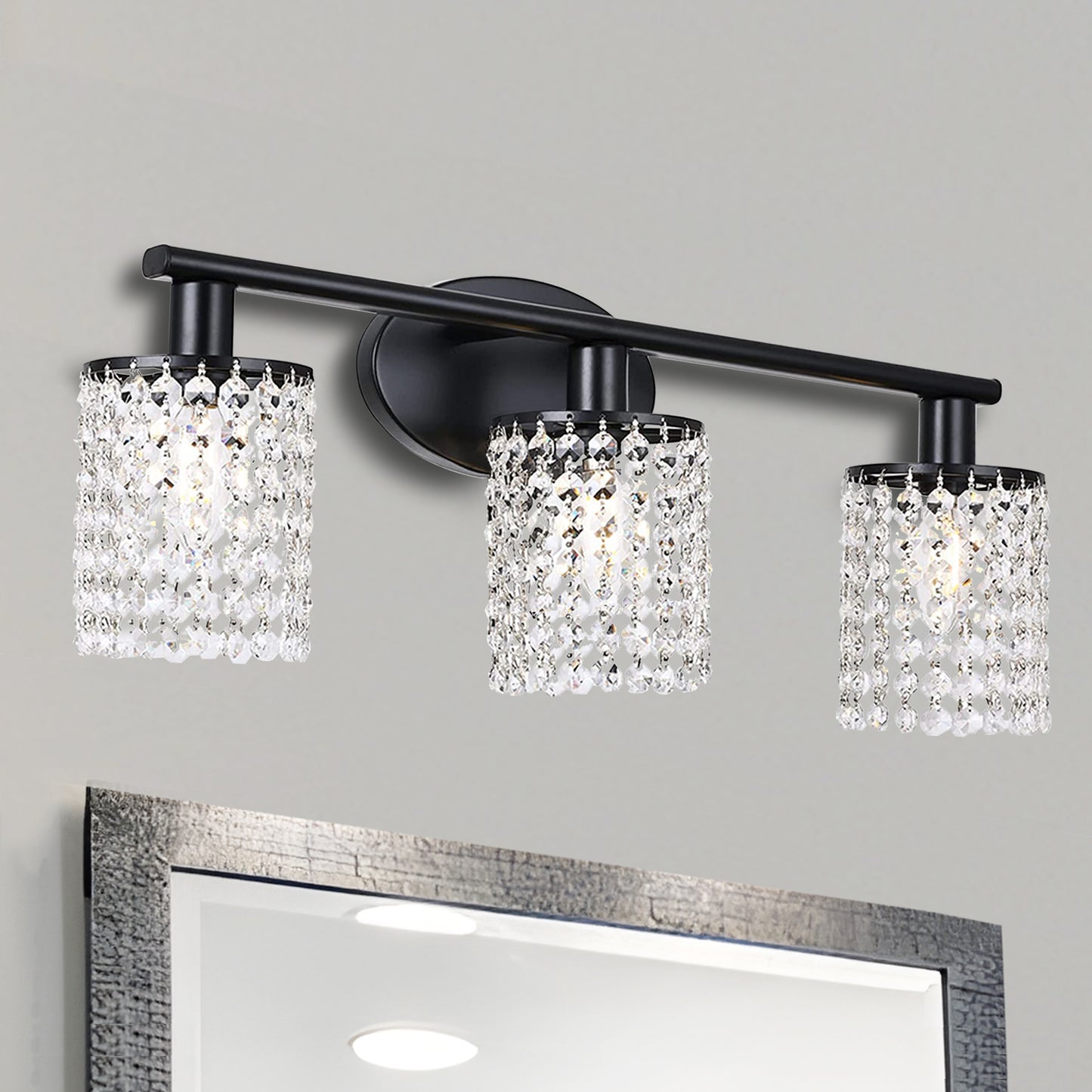 YANSUN 20.87 in. 3-Light Black Crystal Bathroom Wall Sconce, Modern Lighting Fixture Over Mirror