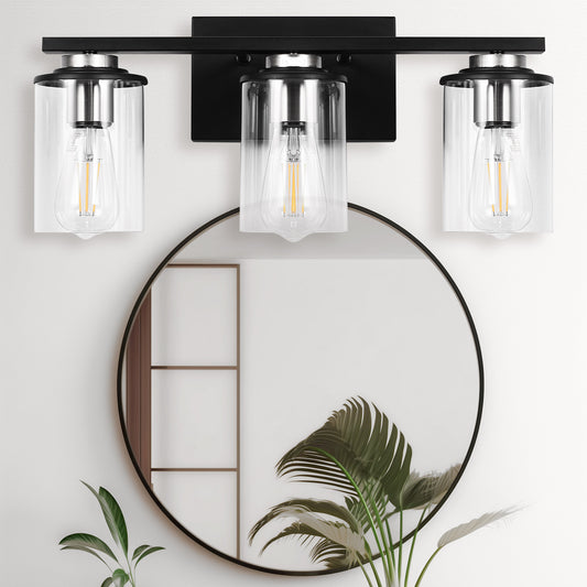 YANSUN 18.5 in. 3-Light Black and Brushed Nickel Vanity Light with Clear Glass Shade for Bathroom