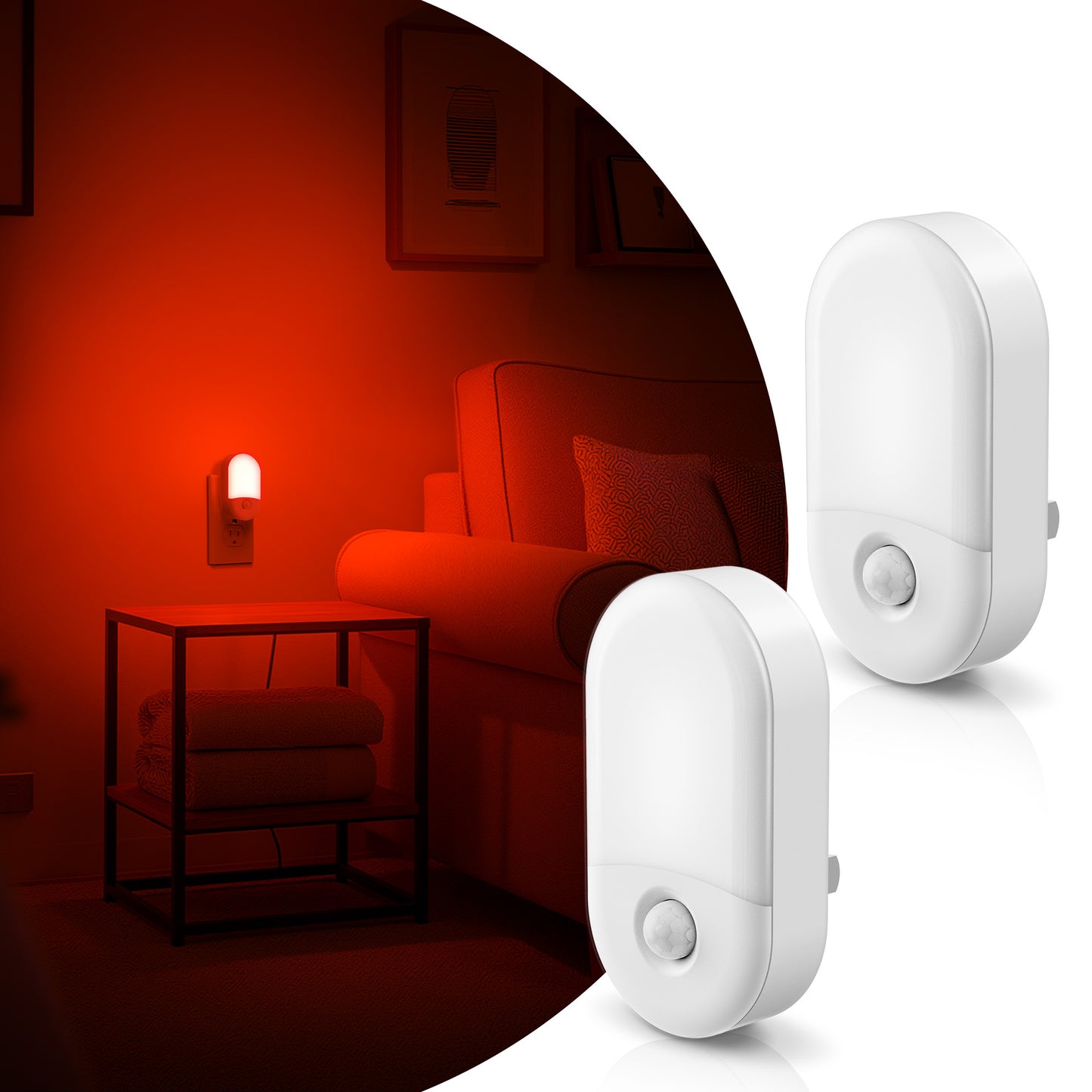 YANSUN 0.6-Watt Plug-In Motion Sensor Night Light with Red LED, Dual Brightness, White Shell, 2-Pack for Bedroom