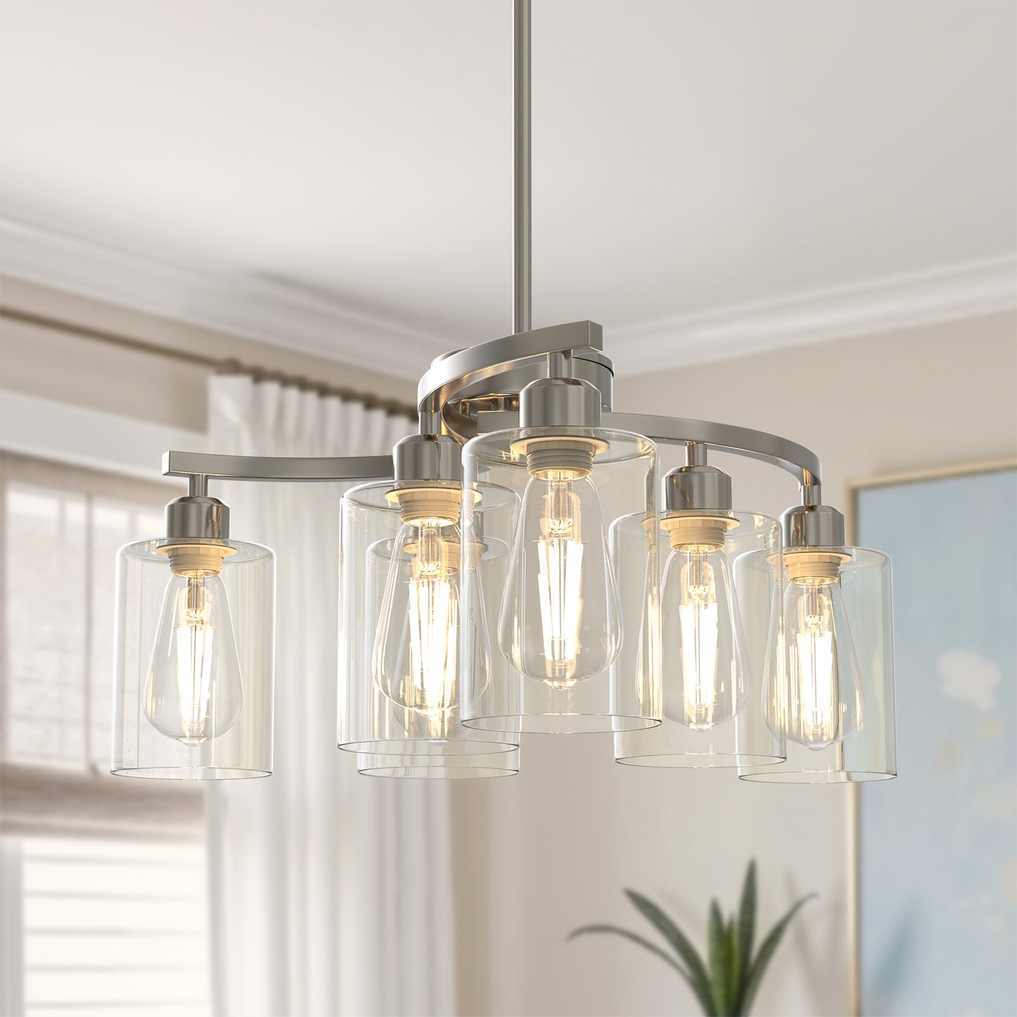 YANSUN 22 in. 6-Light Brushed Nickel Chandelier Adjustable Industrial Pendant Light with Clear Glass for Dining Room Kitchen