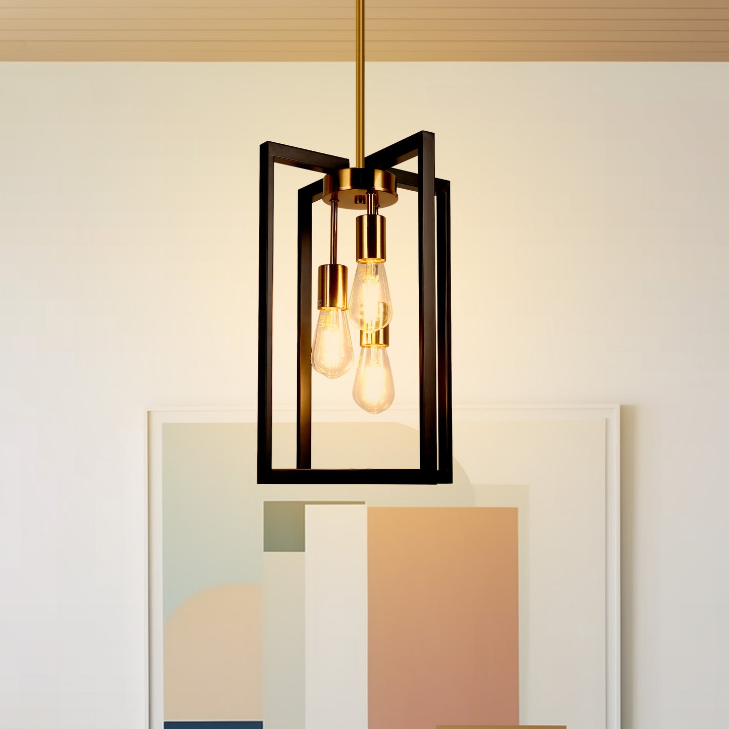 YANSUN 3-Light Modern Rectangle Black and Gold Pendant Kitchen Island Pendant Light