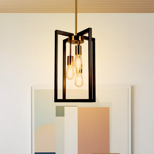 YANSUN 3-Light Modern Rectangle Black and Gold Pendant Kitchen Island Pendant Light