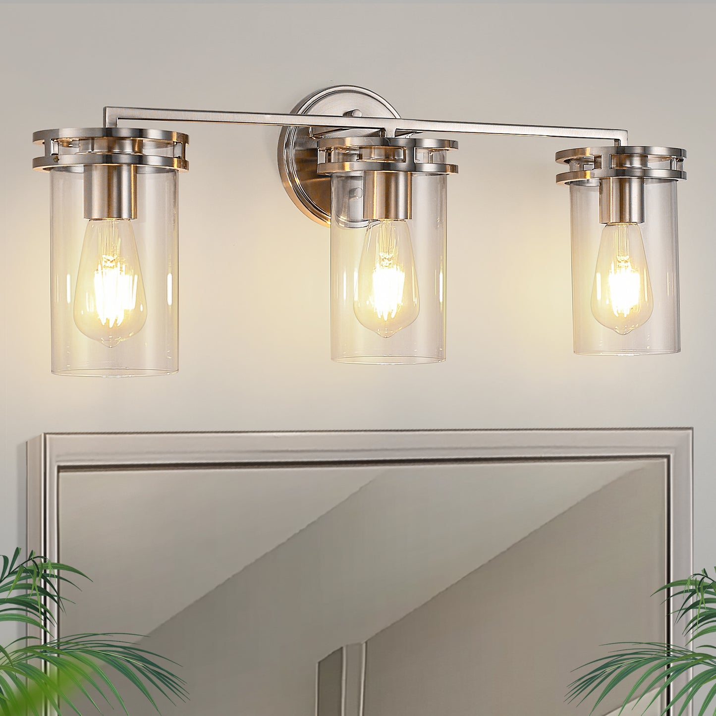 YANSUN 24 in. 3-Light Brushed Nickel Vanity Light with Industrial Glass Shades for Bathroom
