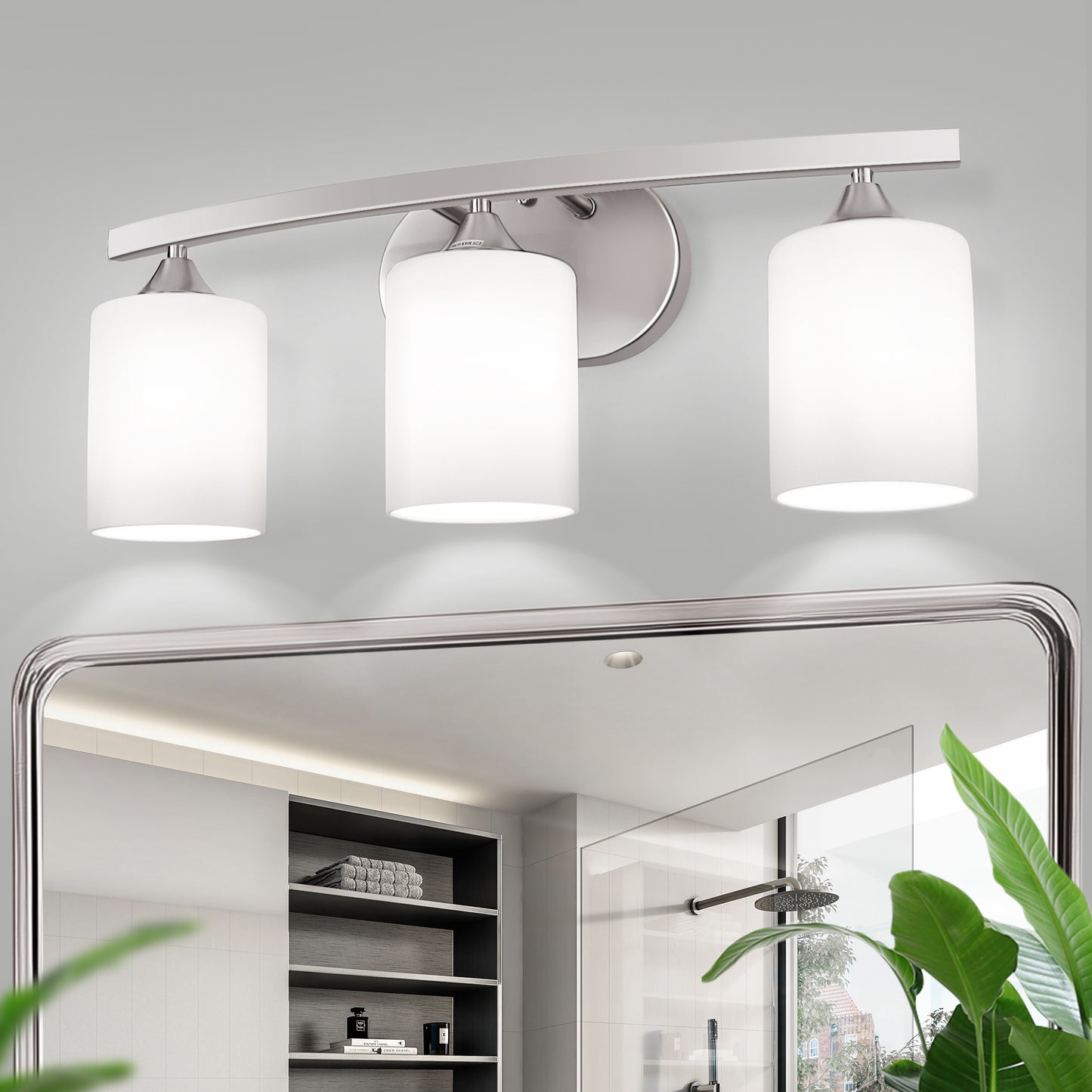 YANSUN 22 in. 3 Light Nickel Modern Cylinder Vanity Light for Bathroom, Bedroom with Curved Arms and Milk White Glass Shades