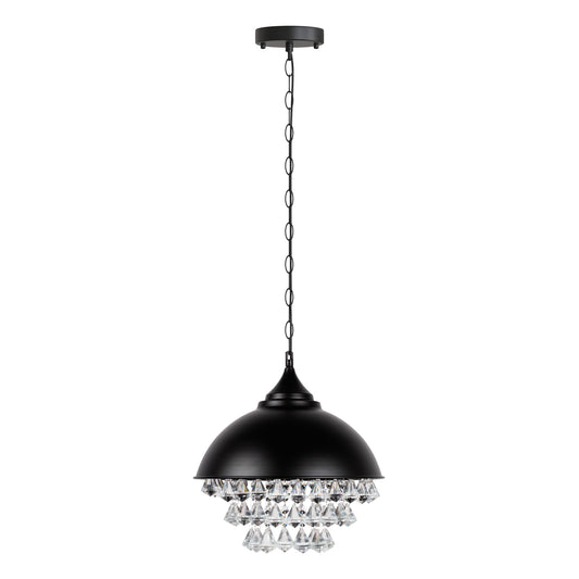 YANSUN Industrial Crystal Pendant Light, 1-Light Hanging Fixture, Black Finish, E26 Base, Non-Integrated Bulb Design