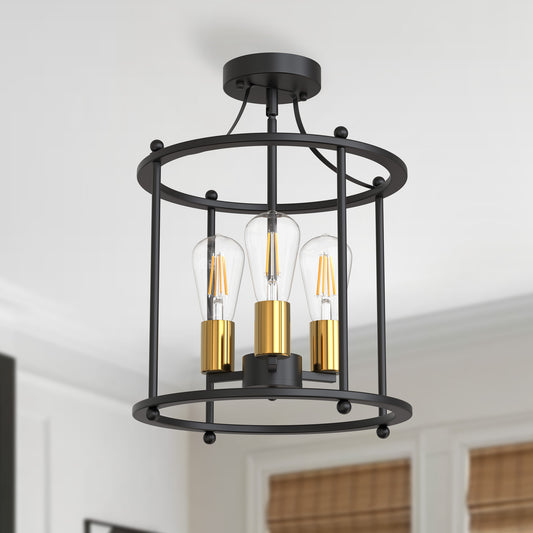 YANSUN 13 in. 3-Light Black and Gold Farmhouse Semi Flush Mount Ceiling Light ¡§C Vintage Charm for Dining Room Entryway