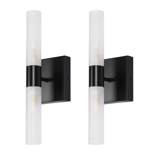 YANSUN 4 in. 2-Pack 4 in. 2-Light Matte Black Cylinder Bathroom Vanity Light Wall Sconces with Frosted Glass Shades
