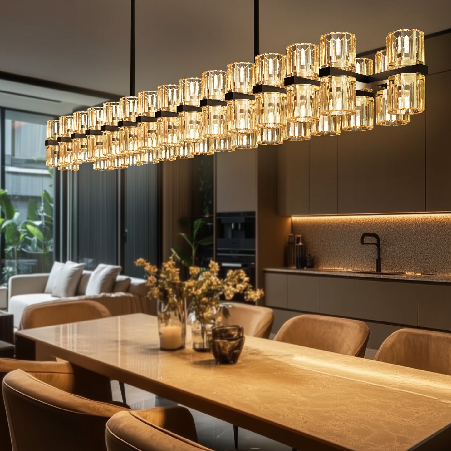 YANSUN 60-Light Modern Black Crystal Chandelier G9 LED 3000K Warm White Pendant Light for Dining Room Living Room