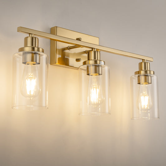 YANSUN 24 in. 3-Light Industrial Gold Vanity Light Fixtures for Bathroom with Clear Glass Shades
