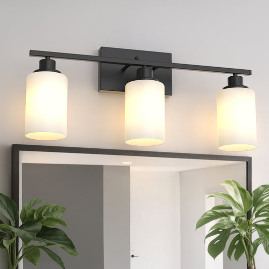 YANSUN 24 in. 3 Light Matte Black Vanity Light with Frosted Cylinder Glass Shades for Industrial Bathroom Design