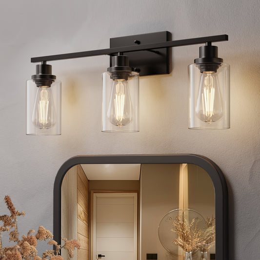 YANSUN 20 in. Matte Black 3-Light Vanity Light with Clear Glass Shades