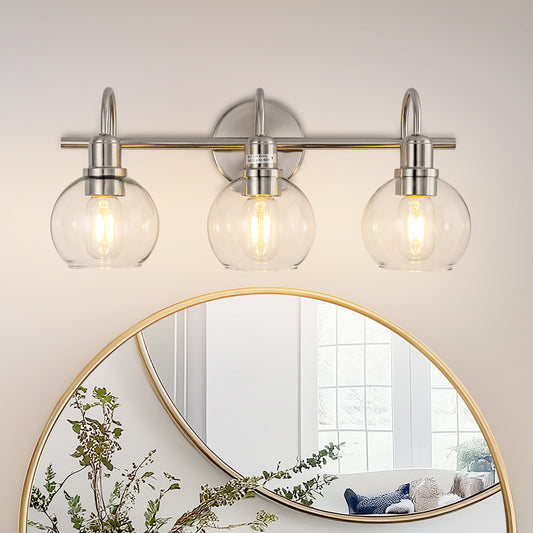 YANSUN 20 in. 3-Light Brushed Nickel Bathroom Vanity Light, Industrial Design with Clear Glass Globe Shade for Powder Room