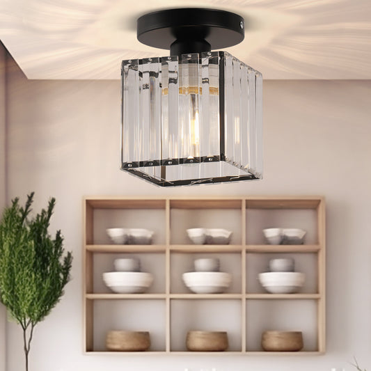 YANSUN 5.5 in.1-Light Black Square Crystal Semi Flush Mount Ceiling Light for Foyer Closet Entryway Kitchen Bedroom Dining Room