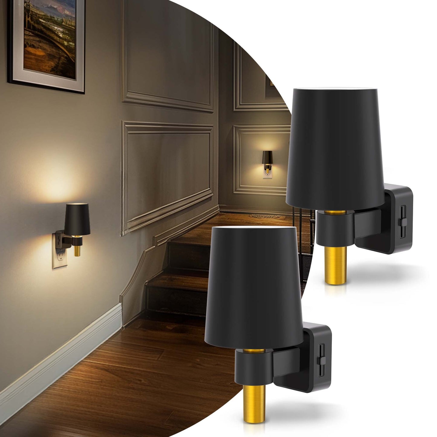 YANSUN 1-Watt Plug-in Integrated LED Night Light with Light Sensor, Up & Down Glow, Round Shade, Warm 2700K, Black, 2-Pack