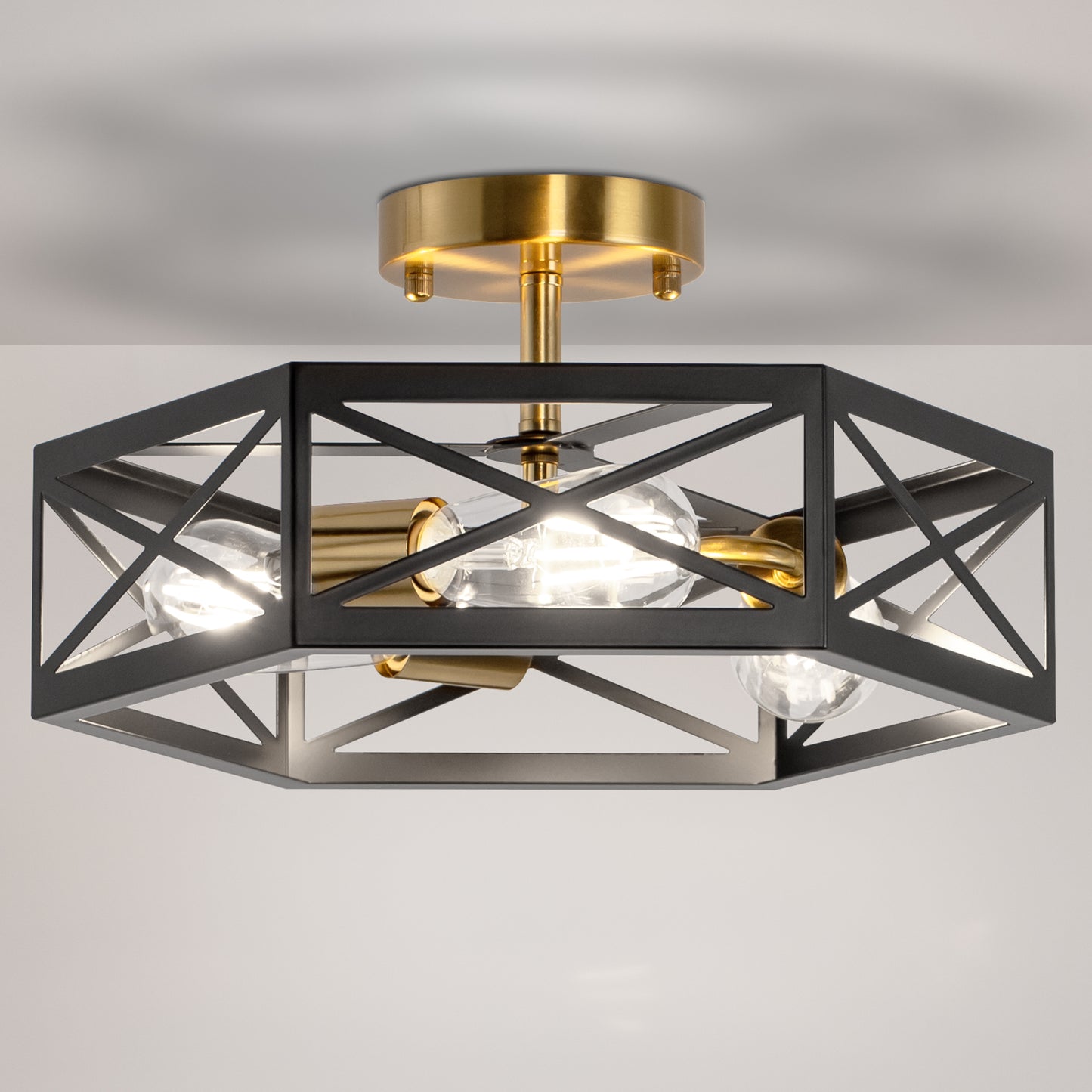 YANSUN 15 in. 3-Light Black Gold Flush Mount Modern Ceiling Light, Hallway Light Fixtures Ceiling Mount