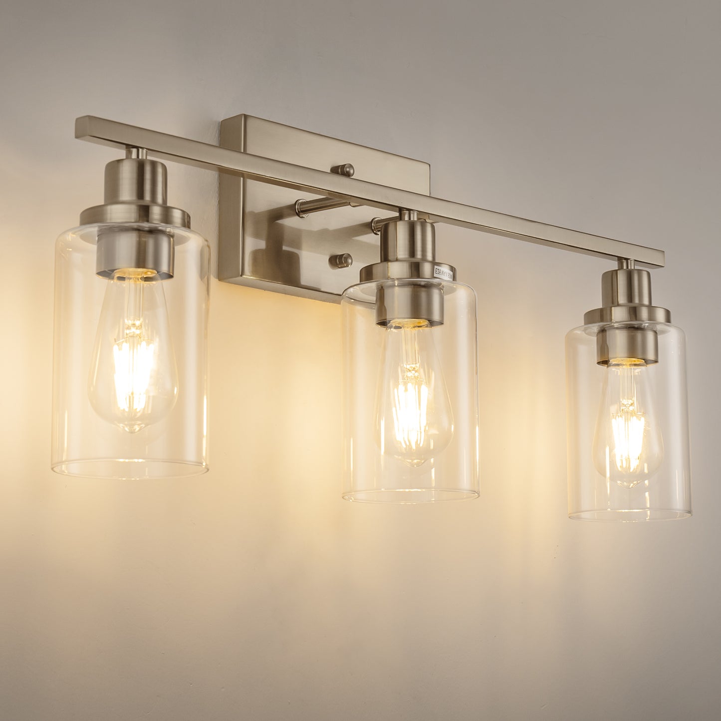 YANSUN 24 in. 3-Light Industrial Brushed Nickel Vanity Light Fixtures for Bathroom with Clear Glass Shades